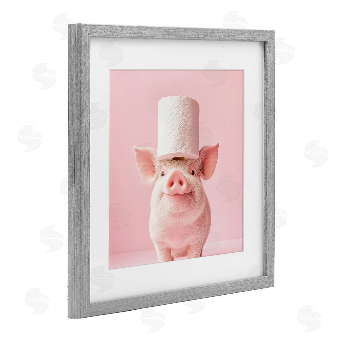 Heidi Kuntz Silly Piggy Pink Toilet Paper Gray Framed Print Under Glass with White Mat Wall Art