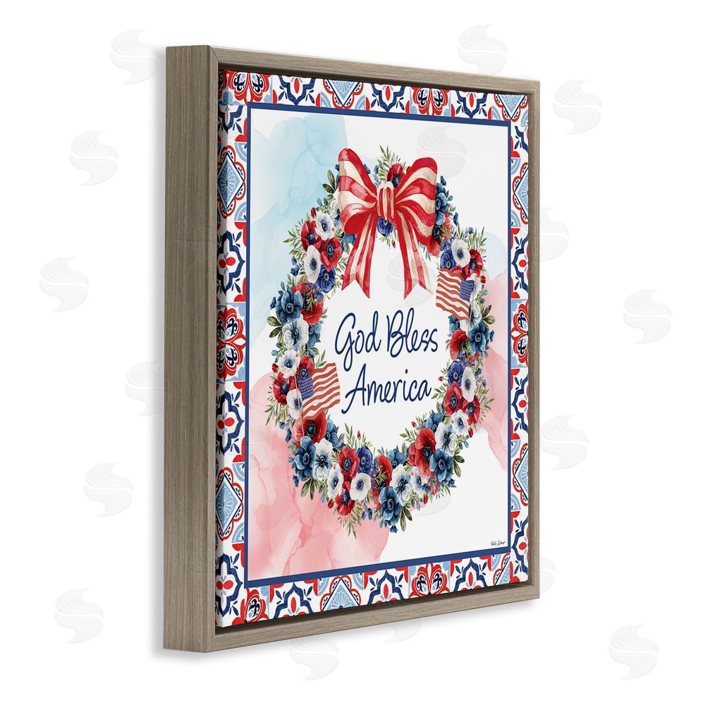 Nicole DeCamp God Bless America Wreath Brown Floating Frame Canvas Wall Art Print