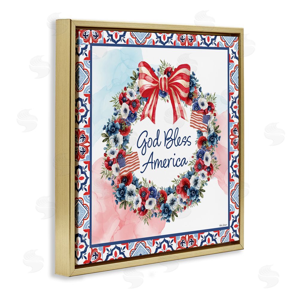 Nicole DeCamp God Bless America Wreath Gold Floating Frame Canvas Wall Art Print
