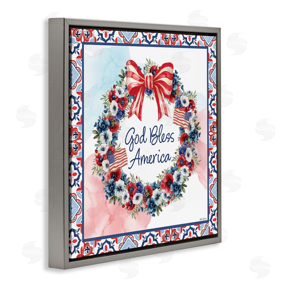 Nicole DeCamp God Bless America Wreath Gray Floating Frame Canvas Wall Art Print
