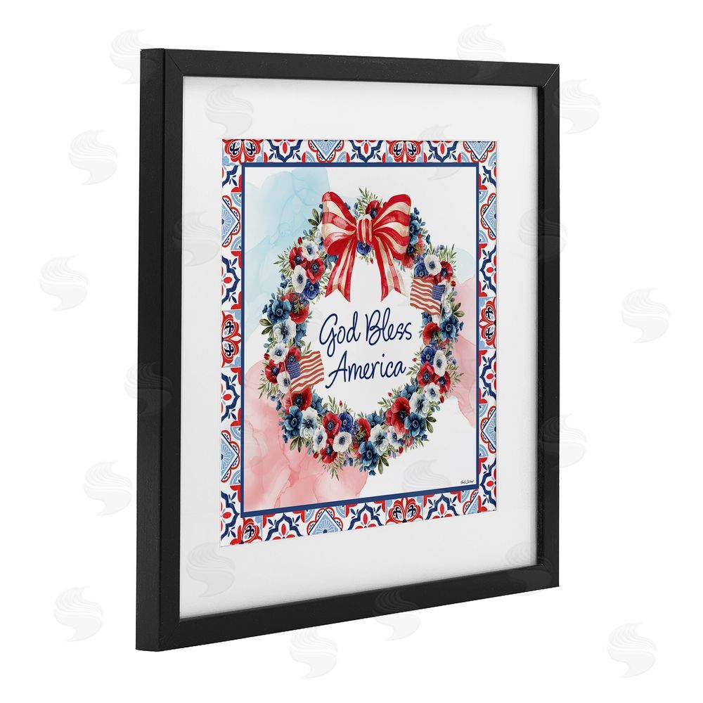 Nicole DeCamp God Bless America Wreath Black Framed Print Under Glass with White Mat Wall Art