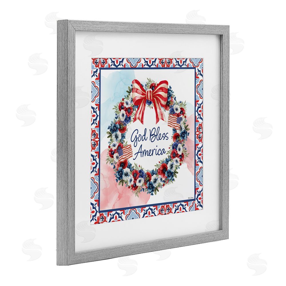 Nicole DeCamp God Bless America Wreath Gray Framed Print Under Glass with White Mat Wall Art