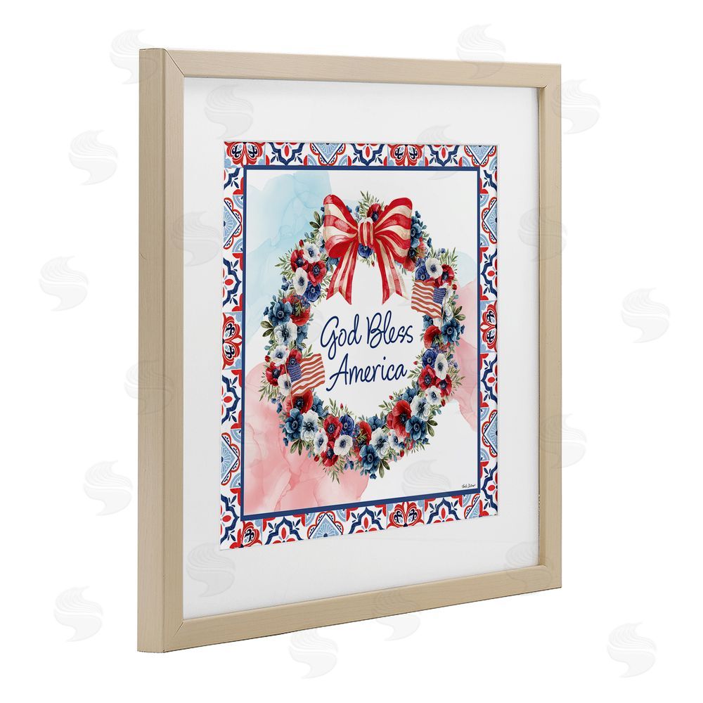 Nicole DeCamp God Bless America Wreath Birch Framed Print Under Glass with White Mat Wall Art