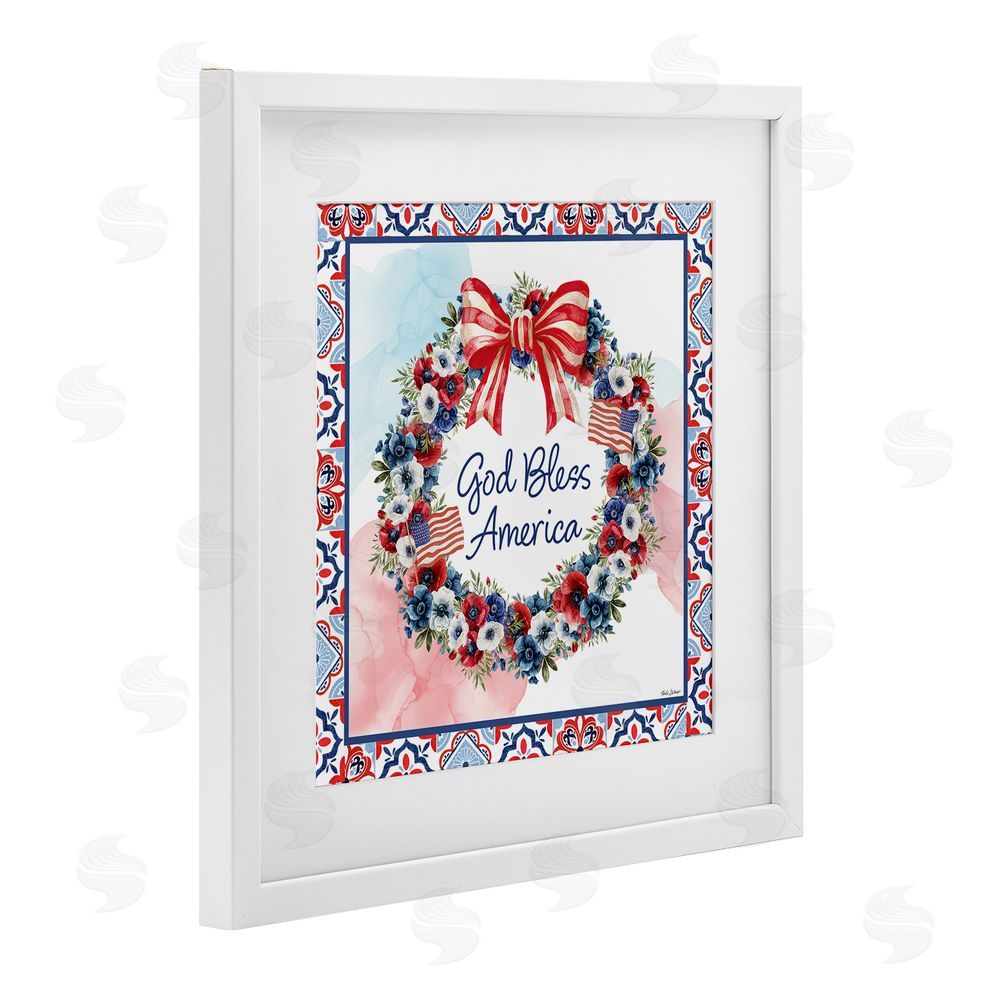 Nicole DeCamp God Bless America Wreath White Framed Print Under Glass with Mat Wall Art