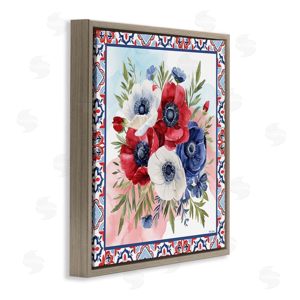 Nicole DeCamp Americana Poppy Bouquet Brown Floating Frame Canvas Wall Art Print