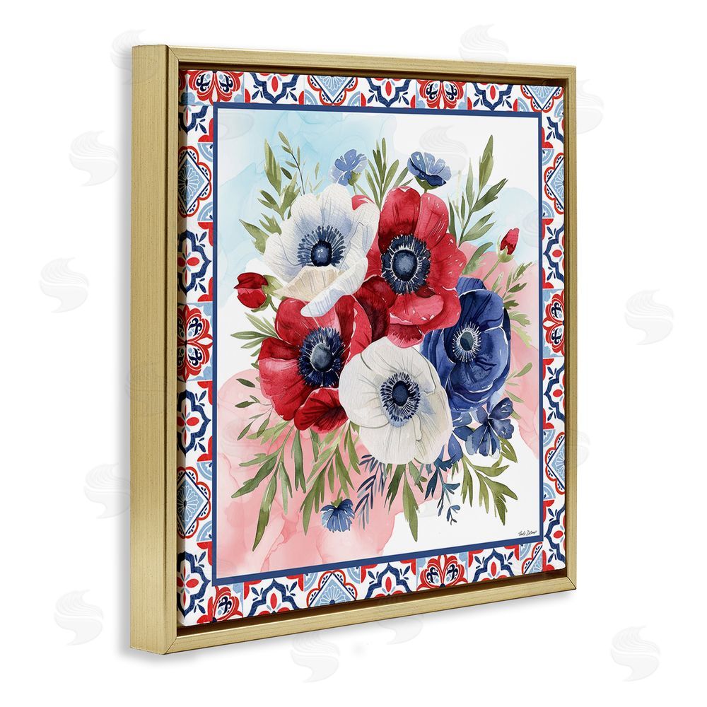 Nicole DeCamp Americana Poppy Bouquet Gold Floating Frame Canvas Wall Art Print