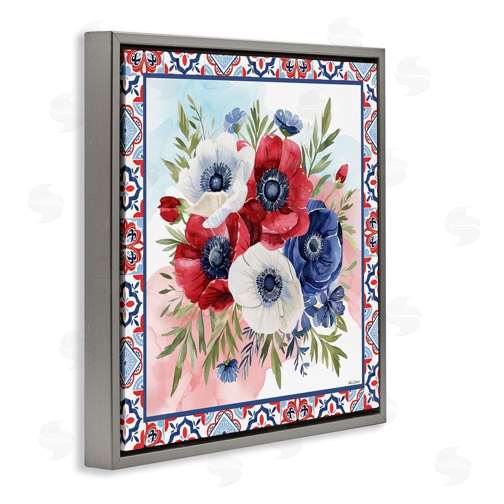 Nicole DeCamp Americana Poppy Bouquet Gray Floating Frame Canvas Wall Art Print