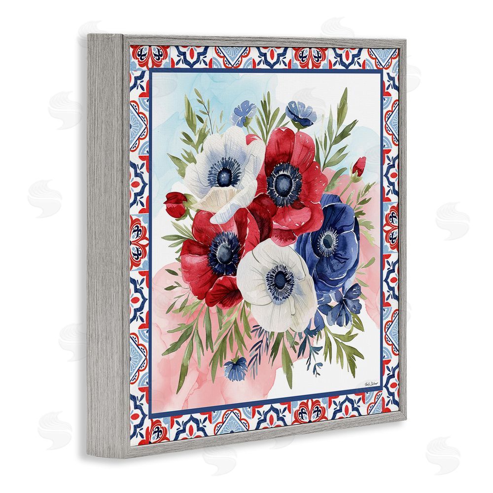 Nicole DeCamp Americana Poppy Bouquet Gray Framed Giclee Wall Art Print