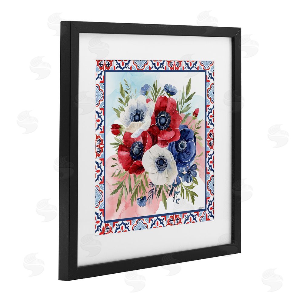 Nicole DeCamp Americana Poppy Bouquet Black Framed Print Under Glass with White Mat Wall Art