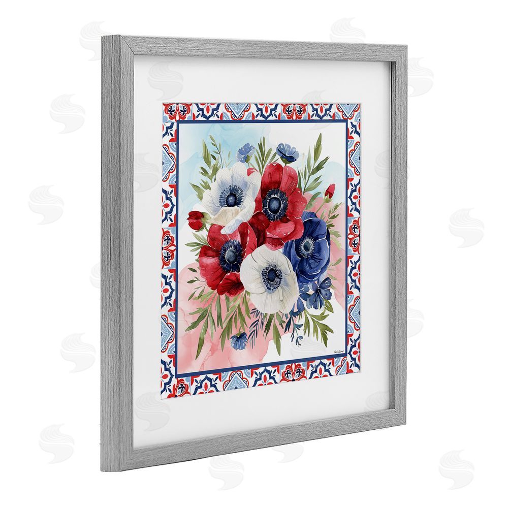 Nicole DeCamp Americana Poppy Bouquet Gray Framed Print Under Glass with White Mat Wall Art