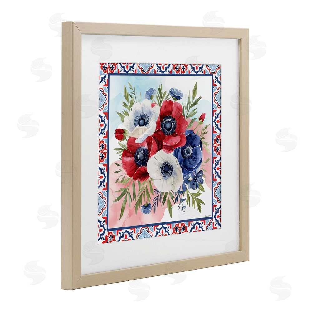 Nicole DeCamp Americana Poppy Bouquet Birch Framed Print Under Glass with White Mat Wall Art