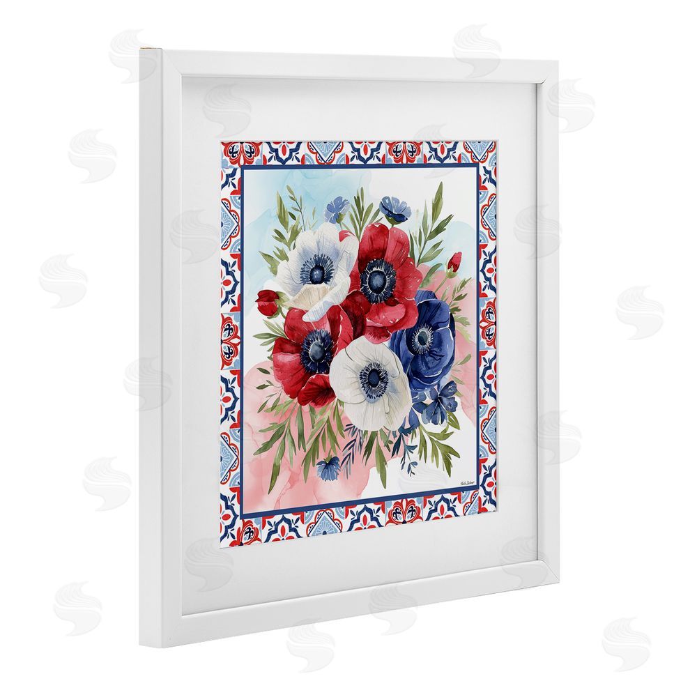 Nicole DeCamp Americana Poppy Bouquet White Framed Print Under Glass with Mat Wall Art