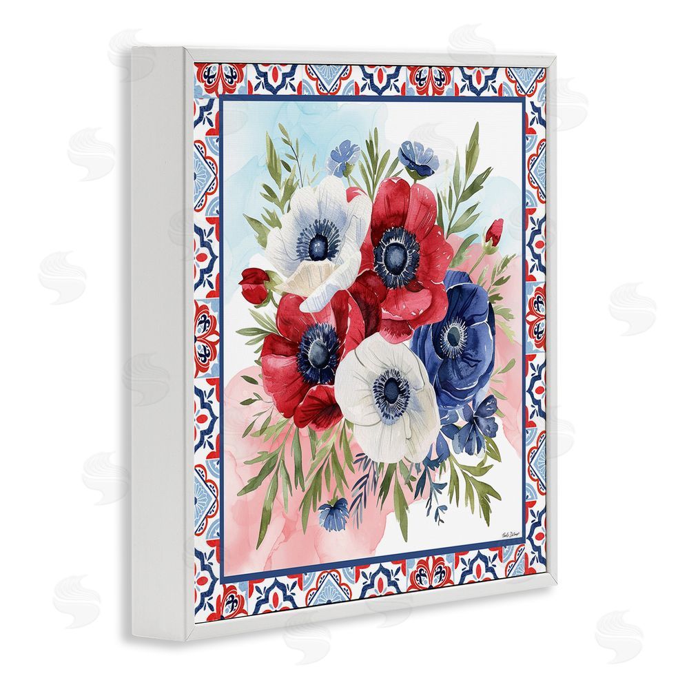 Nicole DeCamp Americana Poppy Bouquet White Framed Giclee Wall Art Print