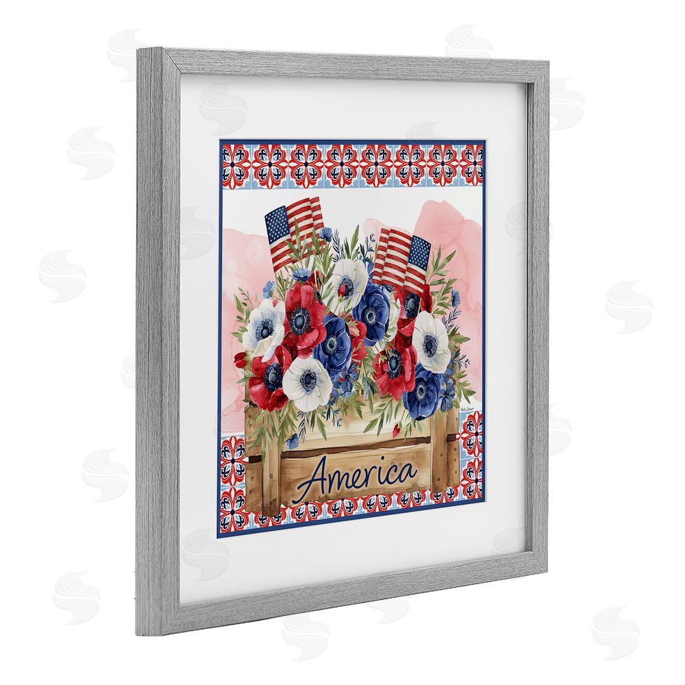 Nicole DeCamp Patriotic Poppies Bouquet Gray Framed Print Under Glass with White Mat Wall Art
