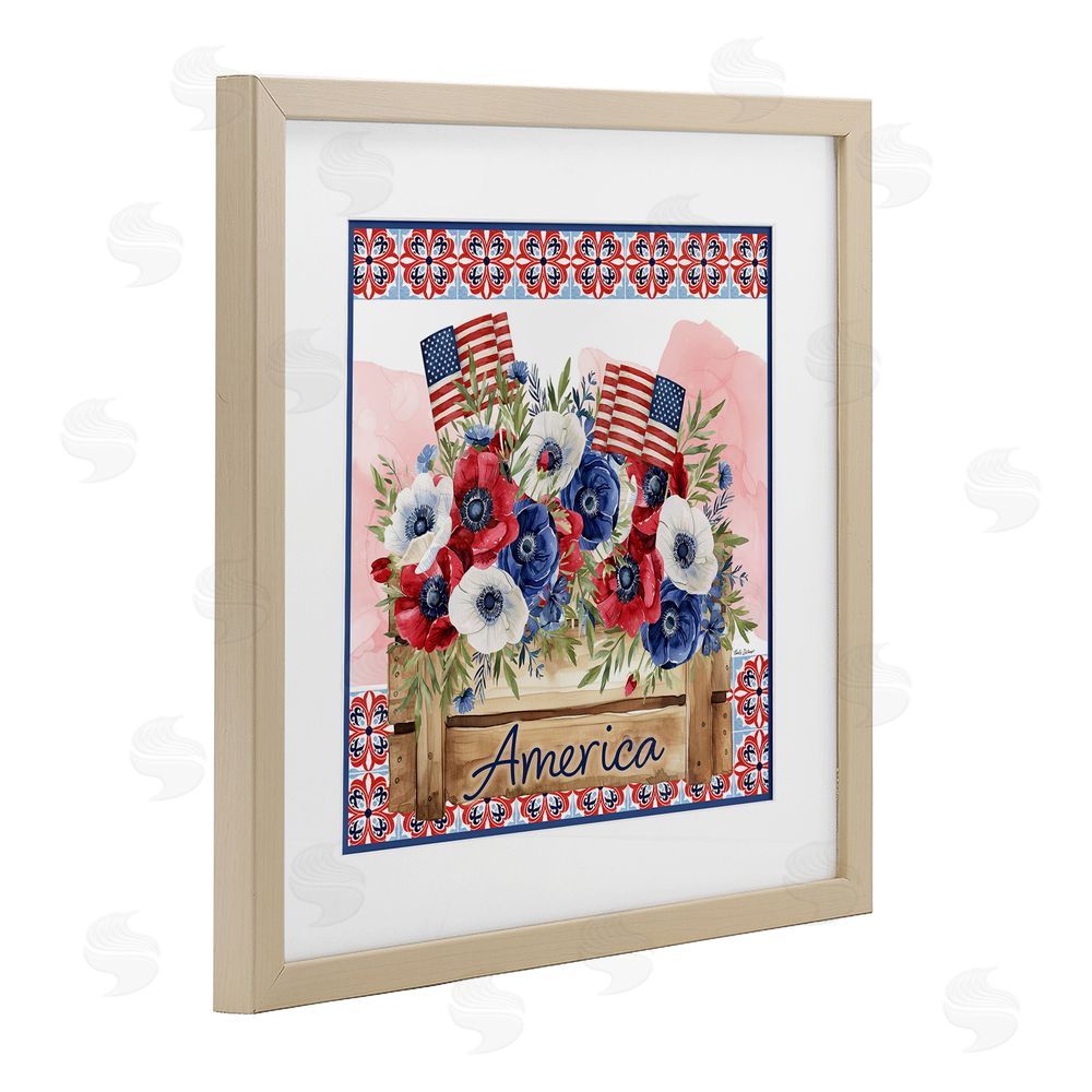 Nicole DeCamp Patriotic Poppies Bouquet Birch Framed Print Under Glass with White Mat Wall Art