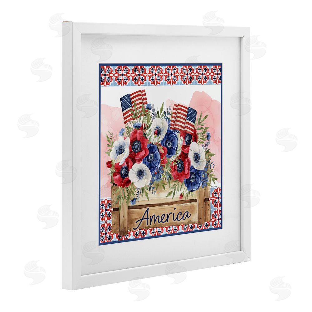 Nicole DeCamp Patriotic Poppies Bouquet White Framed Print Under Glass with Mat Wall Art