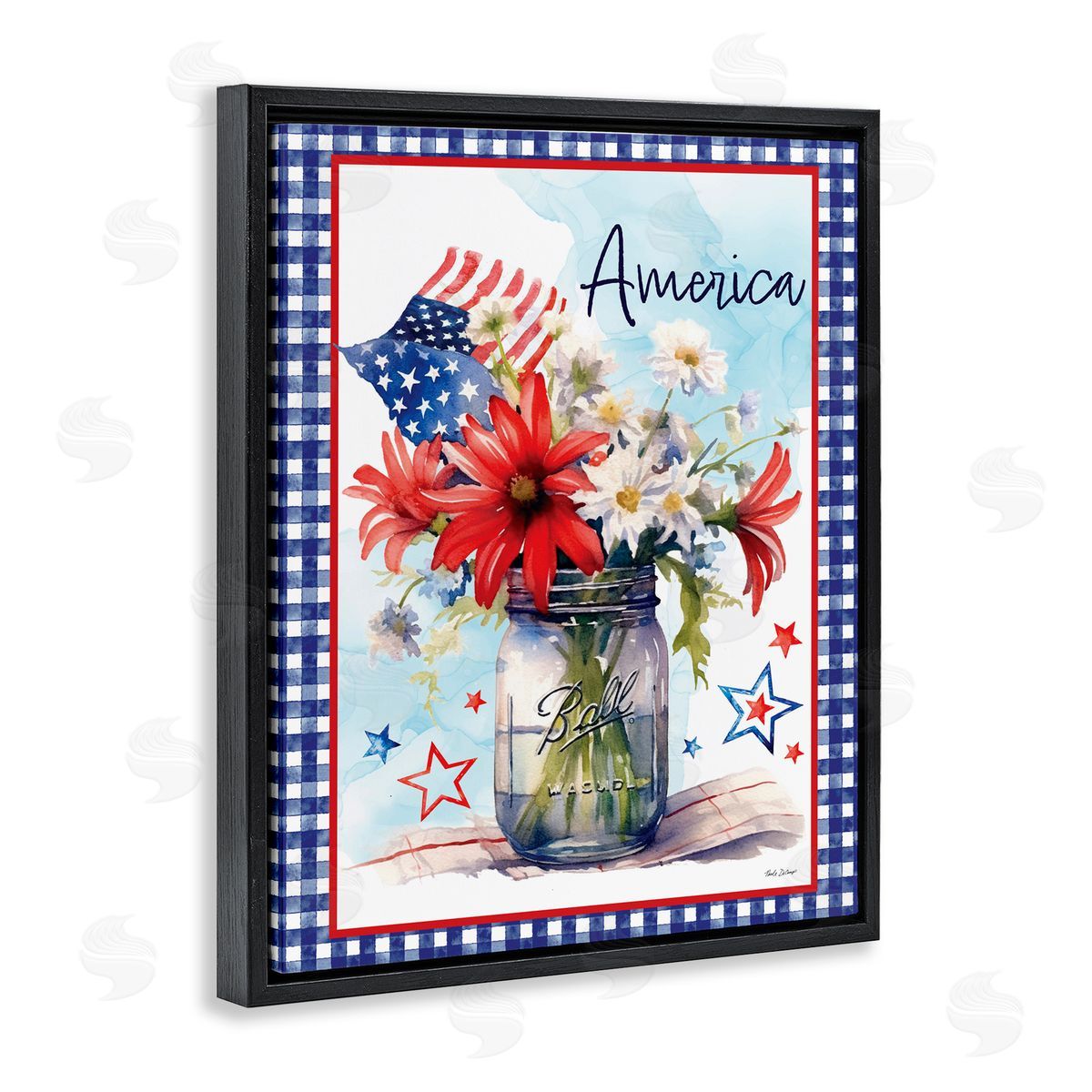 Nicole DeCamp America Bouquet with Flag Black Floating Frame Canvas Wall Art Print