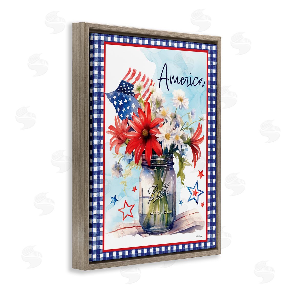 Nicole DeCamp America Bouquet with Flag Brown Floating Frame Canvas Wall Art Print