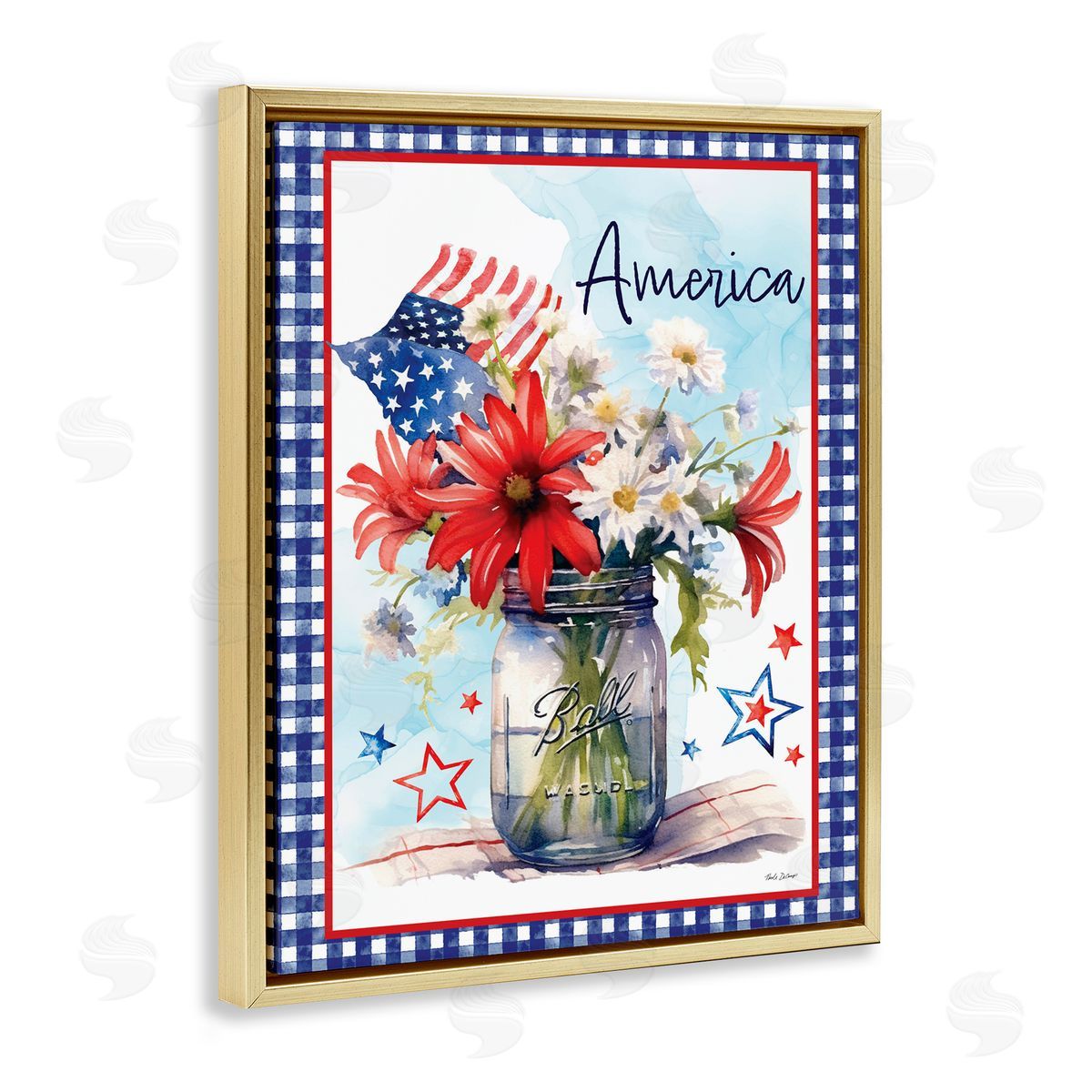 Nicole DeCamp America Bouquet with Flag Gold Floating Frame Canvas Wall Art Print