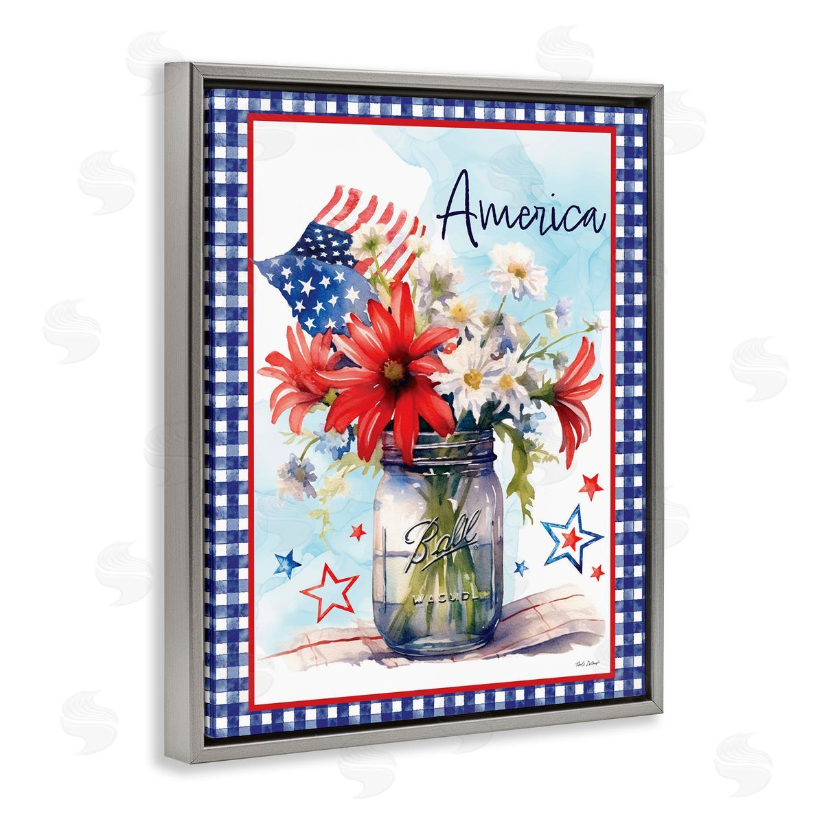 Nicole DeCamp America Bouquet with Flag Gray Floating Frame Canvas Wall Art Print