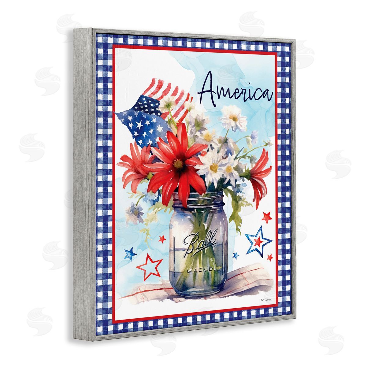 Nicole DeCamp America Bouquet with Flag Gray Framed Giclee Wall Art Print