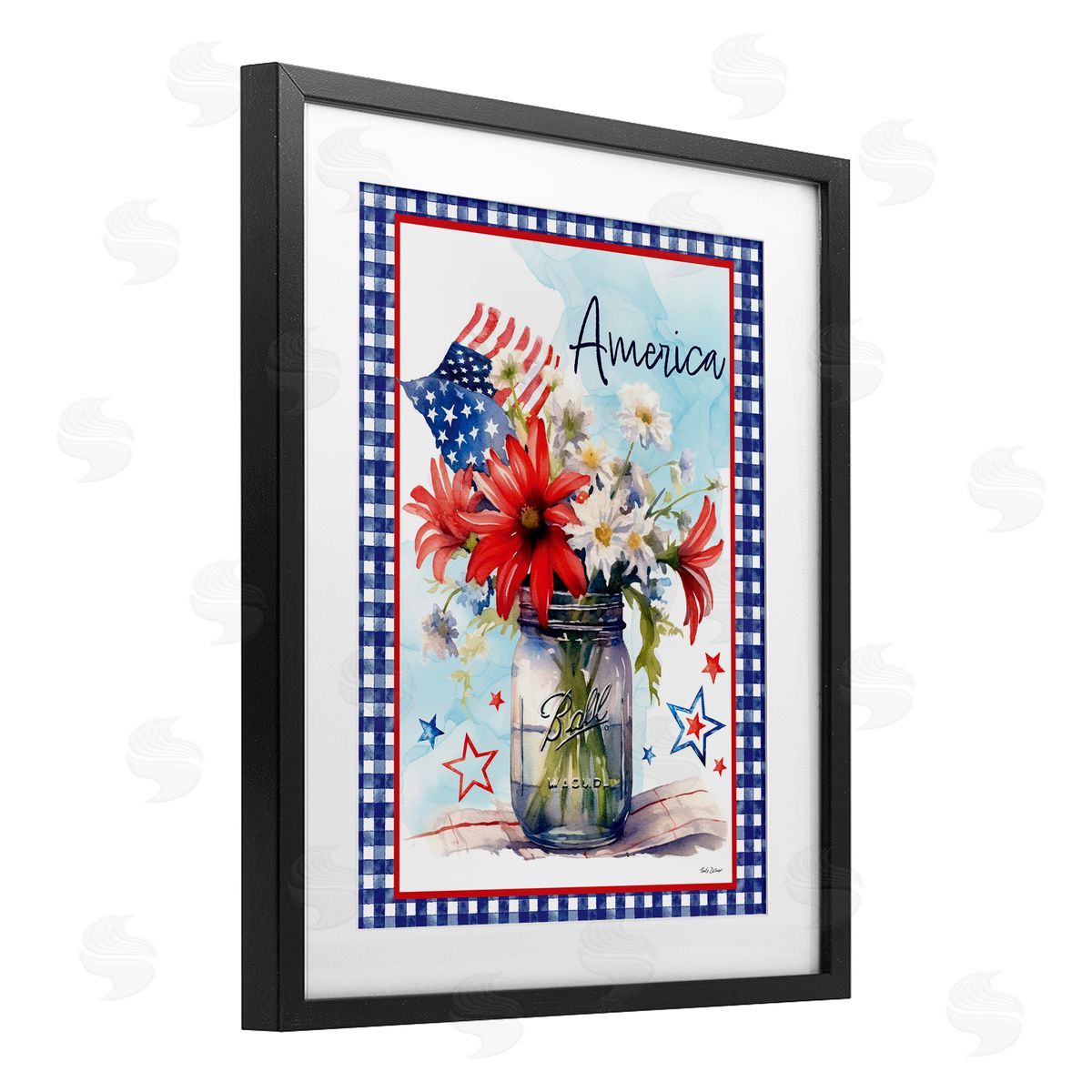 Nicole DeCamp America Bouquet with Flag Black Framed Print Under Glass with White Mat Wall Art