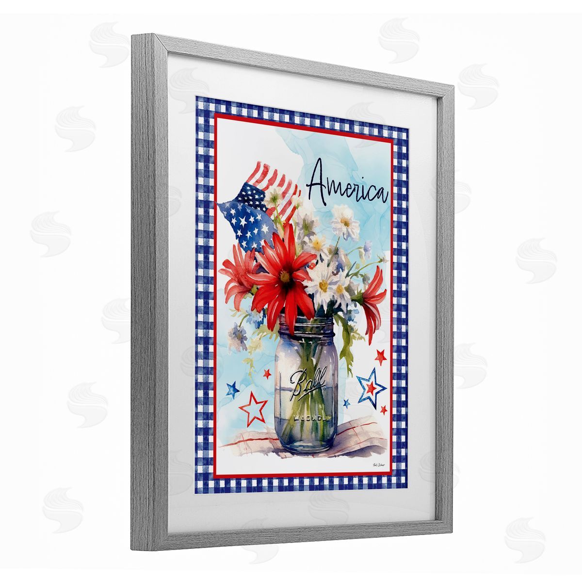 Nicole DeCamp America Bouquet with Flag Gray Framed Print Under Glass with White Mat Wall Art