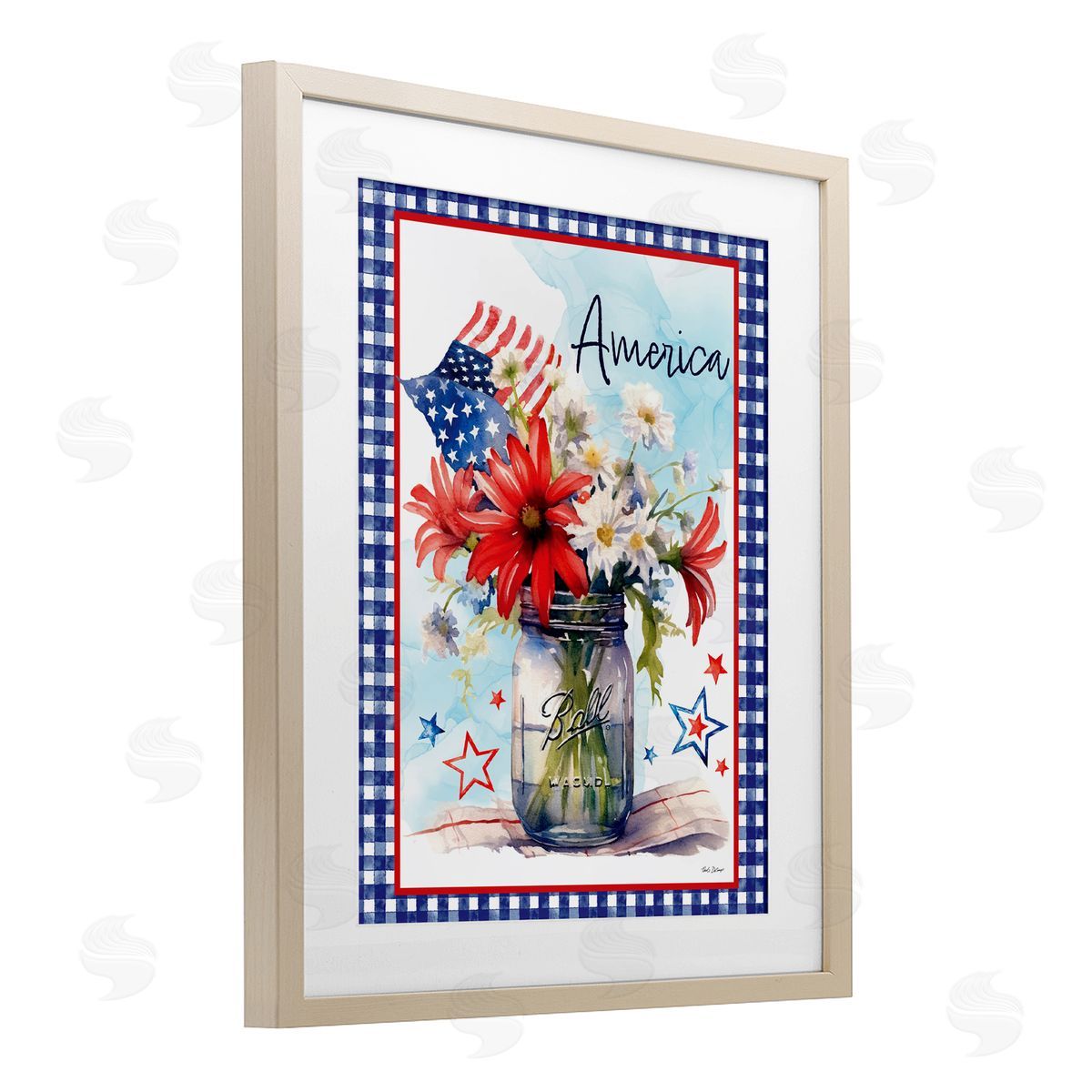 Nicole DeCamp America Bouquet with Flag Birch Framed Print Under Glass with White Mat Wall Art