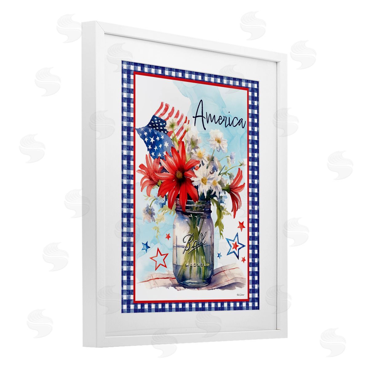 Nicole DeCamp America Bouquet with Flag White Framed Print Under Glass with Mat Wall Art