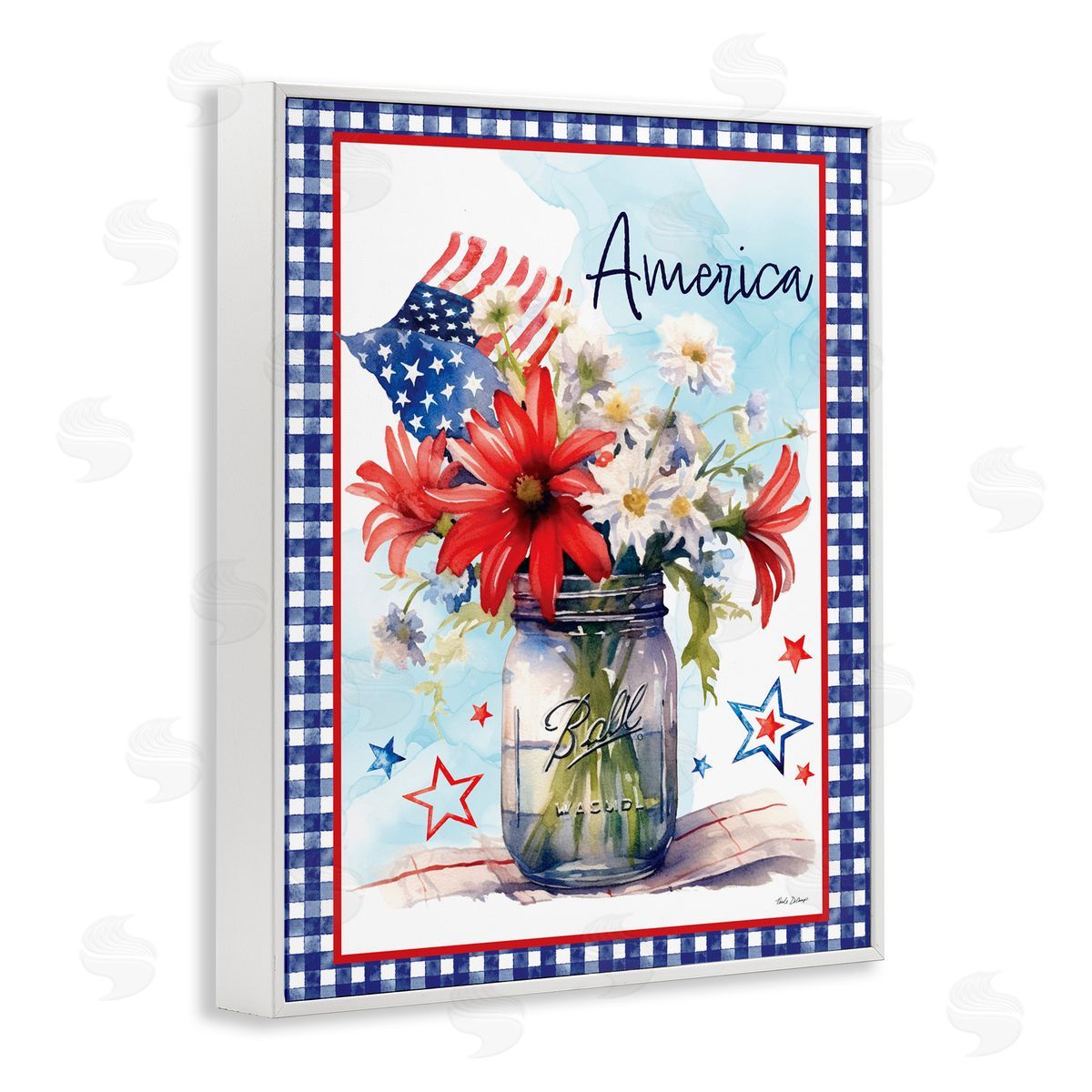 Nicole DeCamp America Bouquet with Flag White Framed Giclee Wall Art Print