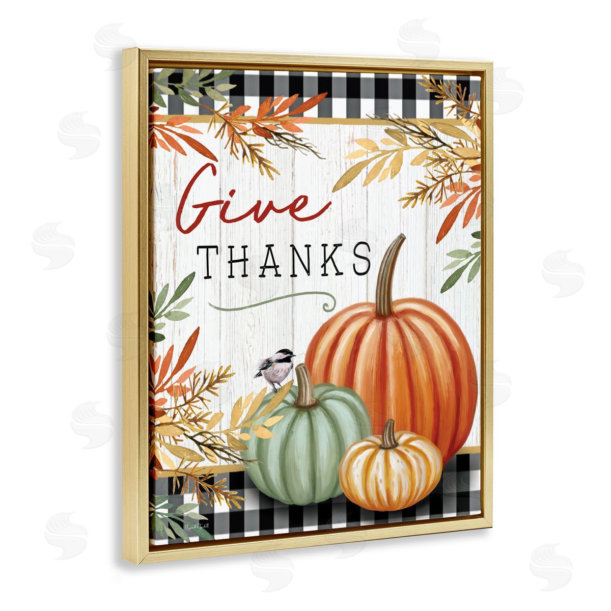 Elizabeth Tyndall Give Thanks Gingham & Pumpkins Gold Floating Frame Canvas Art Print