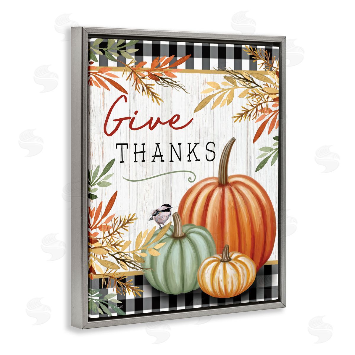 Elizabeth Tyndall Give Thanks Gingham & Pumpkins Gray Floating Frame Canvas Art Print
