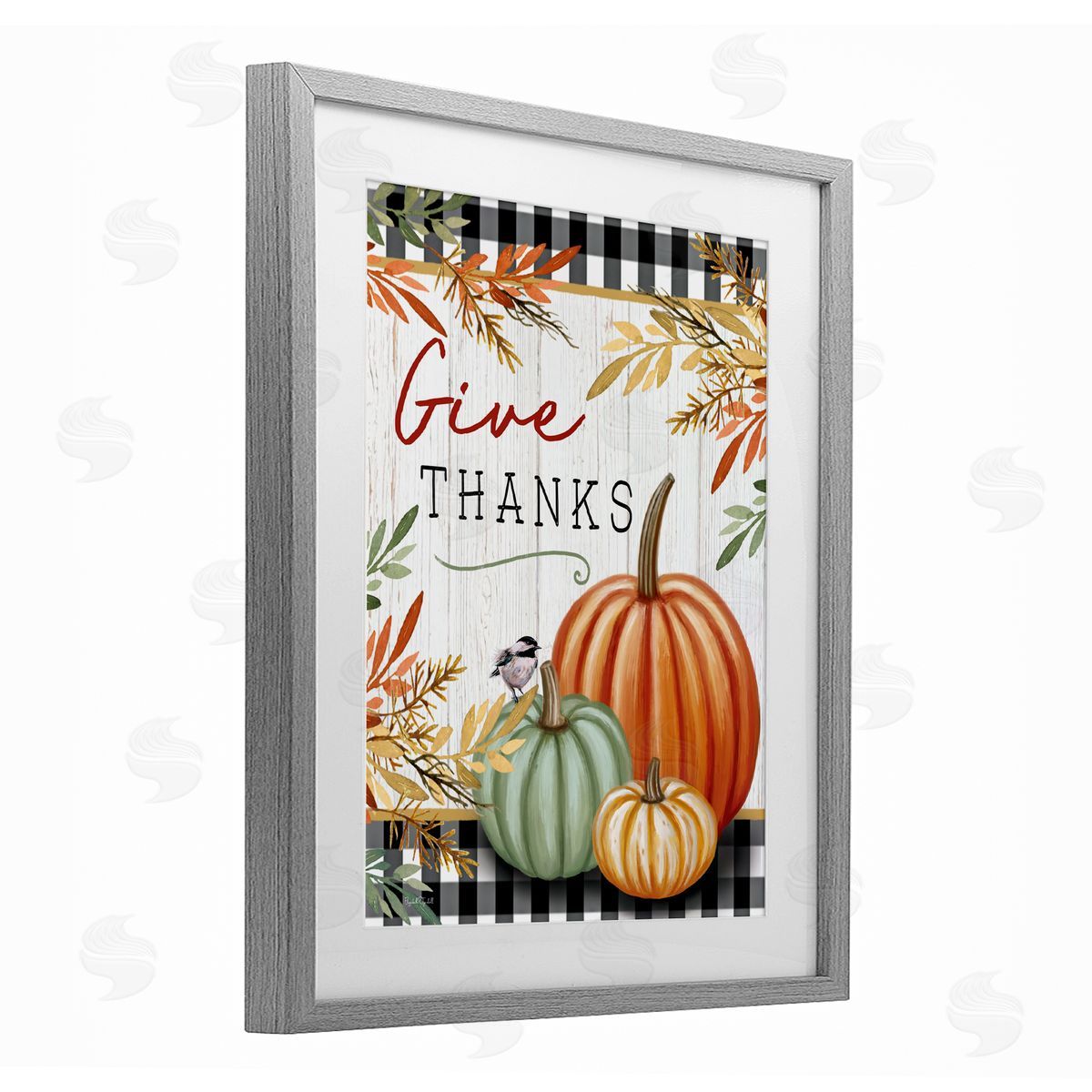 Elizabeth Tyndall Give Thanks Gingham & Pumpkins Gray Framed Print Under Glass Art