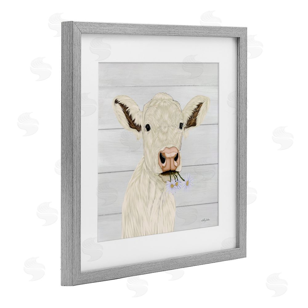 Ashley Justice Opal Baby Cow Portrait Gray Framed Print Under Glass with White Mat Wall Art