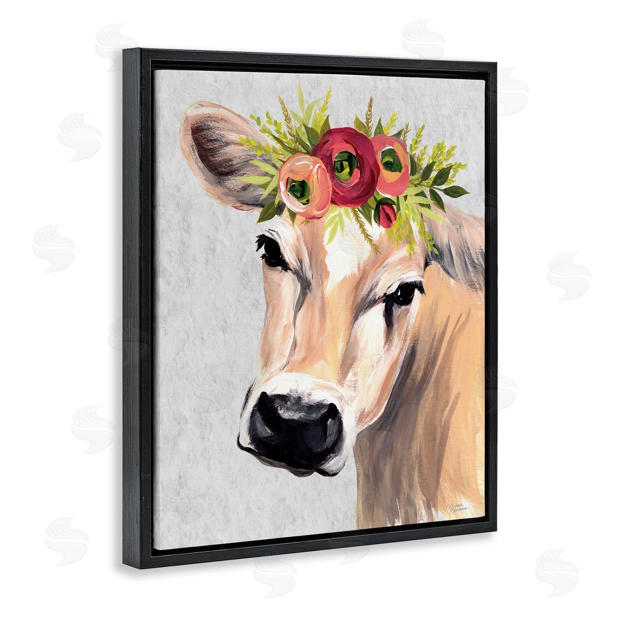 Michele Norman Jersey Cow with Floral Crown Black Floating Frame Canvas Wall Art Print