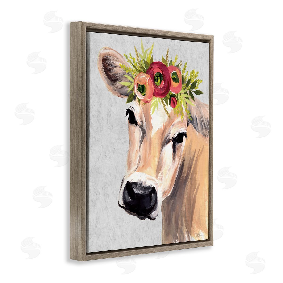 Michele Norman Jersey Cow with Floral Crown Brown Floating Frame Canvas Wall Art Print