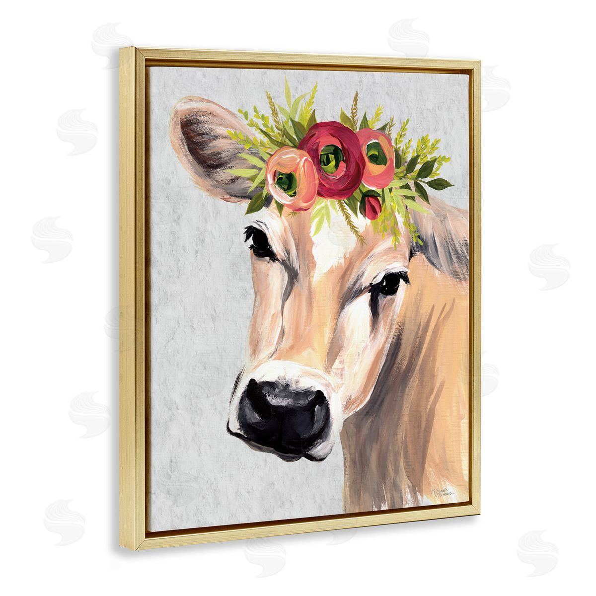 Michele Norman Jersey Cow with Floral Crown Gold Floating Frame Canvas Wall Art Print