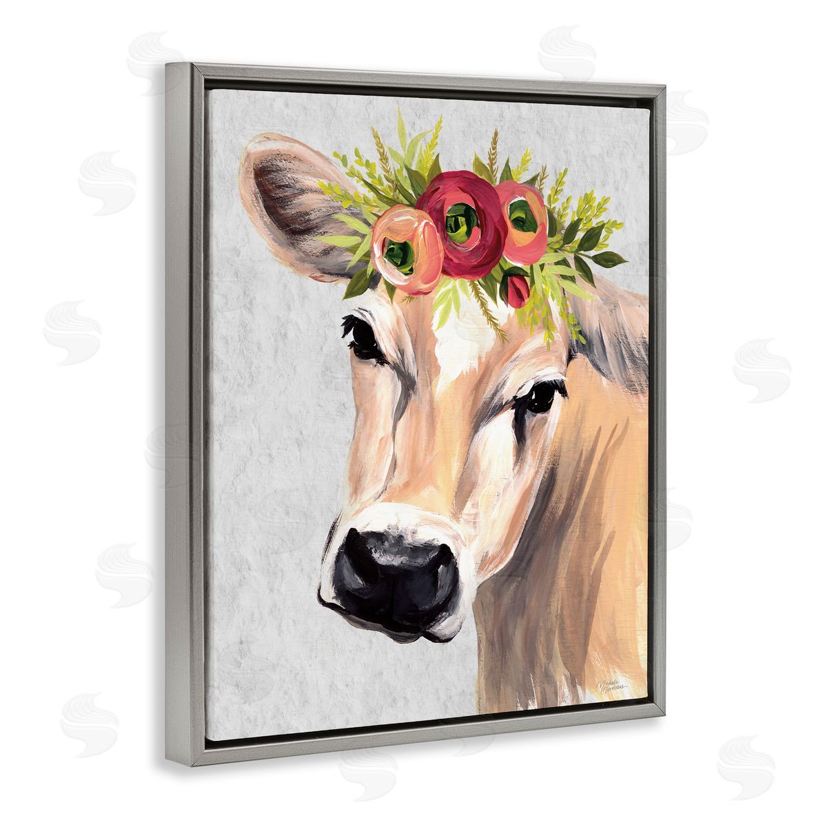 Michele Norman Jersey Cow with Floral Crown Gray Floating Frame Canvas Wall Art Print