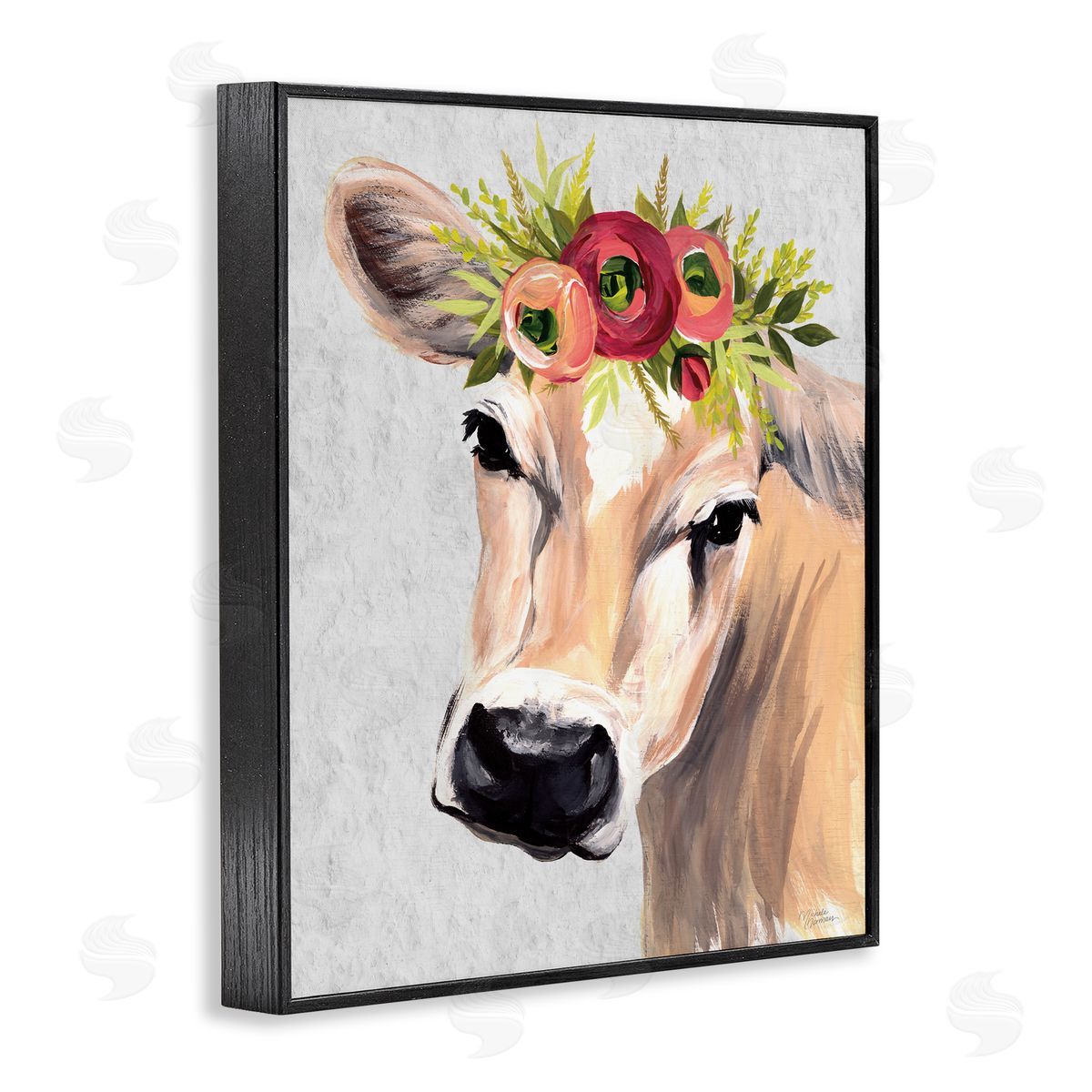 Michele Norman Jersey Cow with Floral Crown Black Framed Giclee Wall Art Print