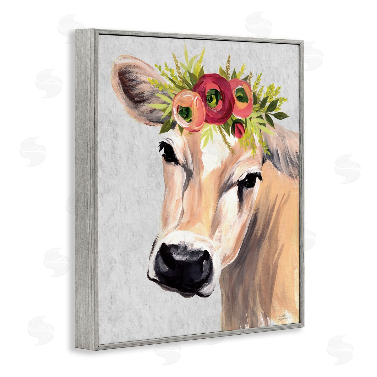 Michele Norman Jersey Cow with Floral Crown Gray Framed Giclee Wall Art Print