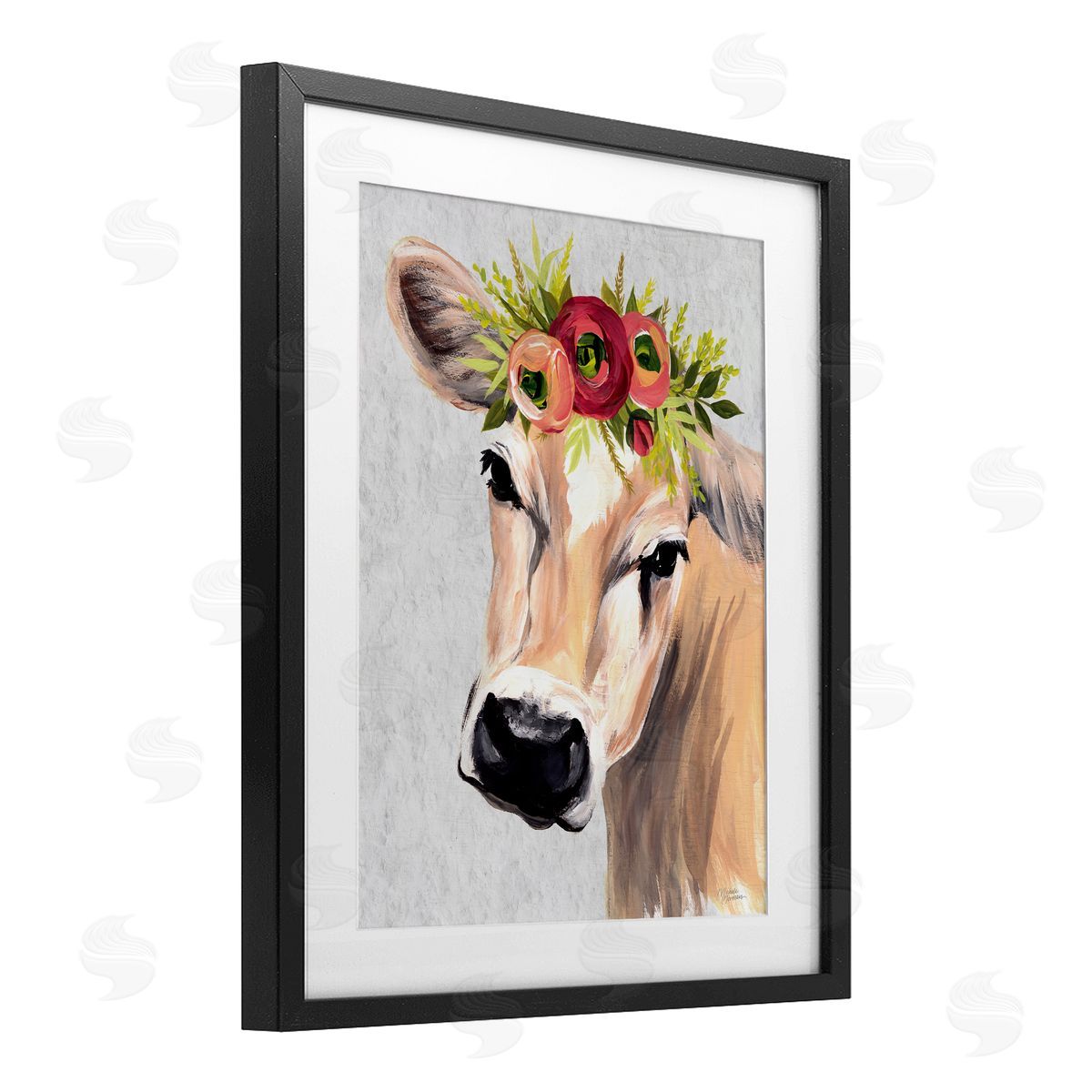 Michele Norman Jersey Cow with Floral Crown Black Framed Print Under Glass with White Mat Wall Art