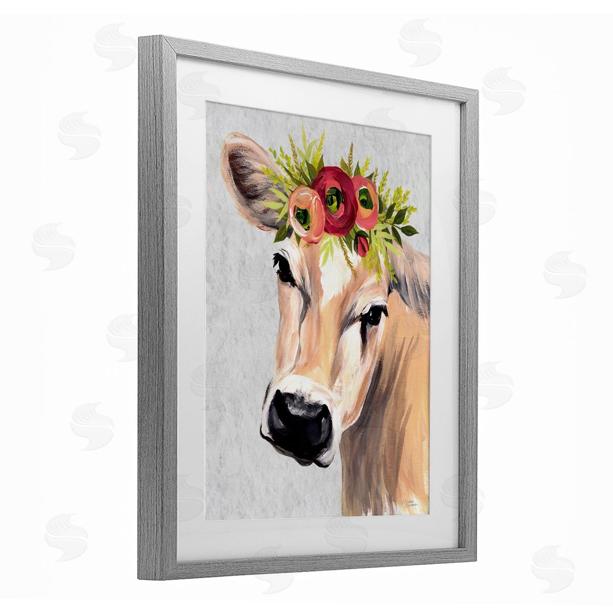 Michele Norman Jersey Cow with Floral Crown Gray Framed Print Under Glass with White Mat Wall Art