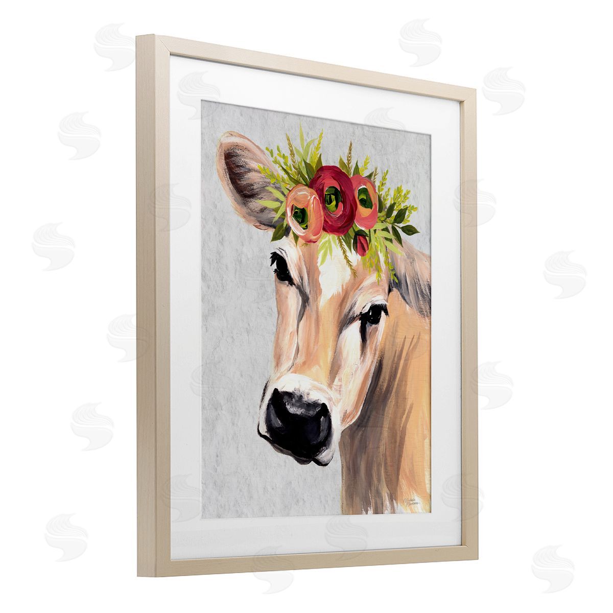 Michele Norman Jersey Cow with Floral Crown Birch Framed Print Under Glass with White Mat Wall Art