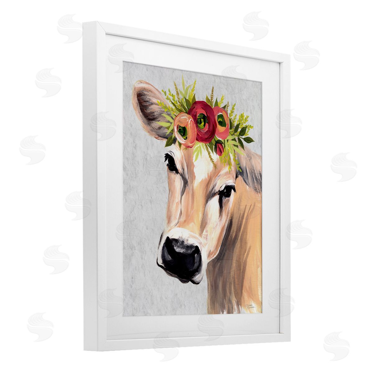 Michele Norman Jersey Cow with Floral Crown White Framed Print Under Glass with Mat Wall Art