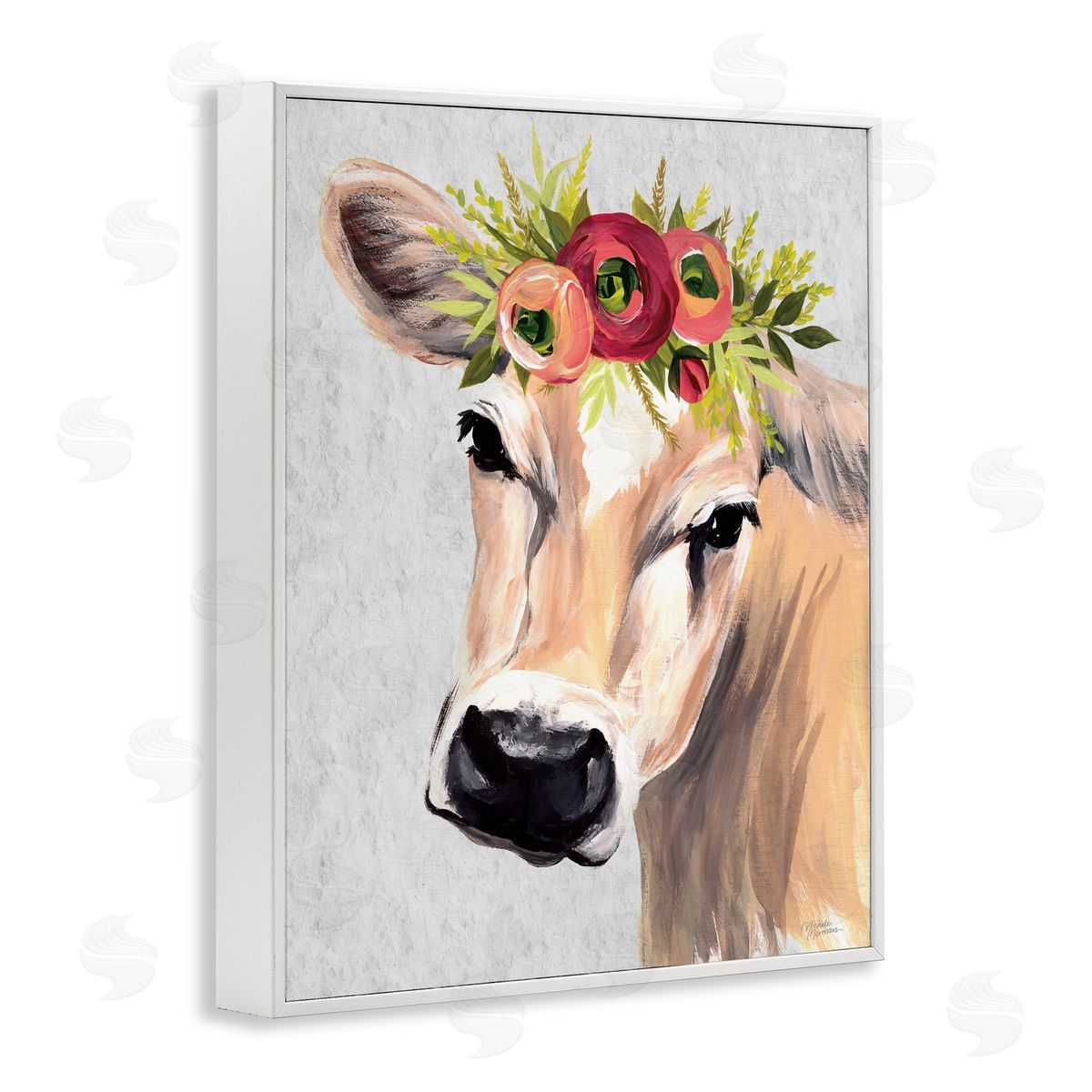 Michele Norman Jersey Cow with Floral Crown White Framed Giclee Wall Art Print