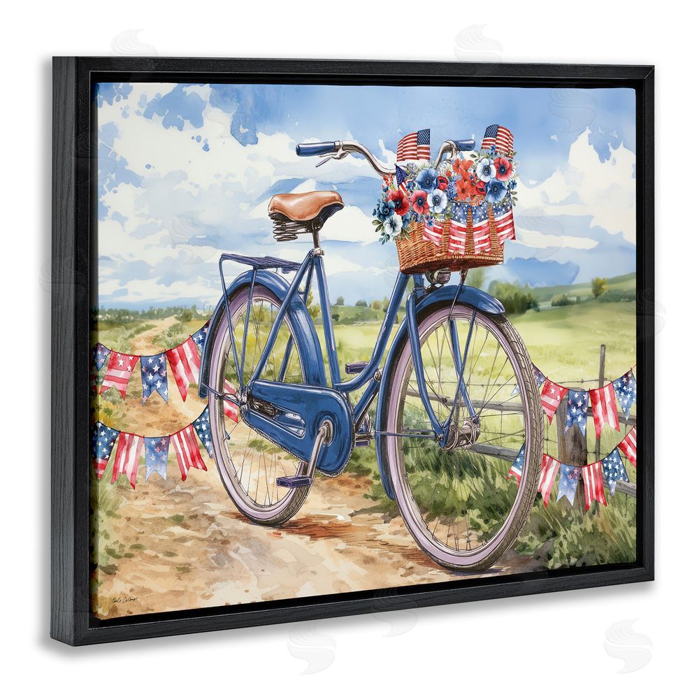 Nicole DeCamp Patriotic Bike & Banners Black Floating Frame Canvas Wall Art Print