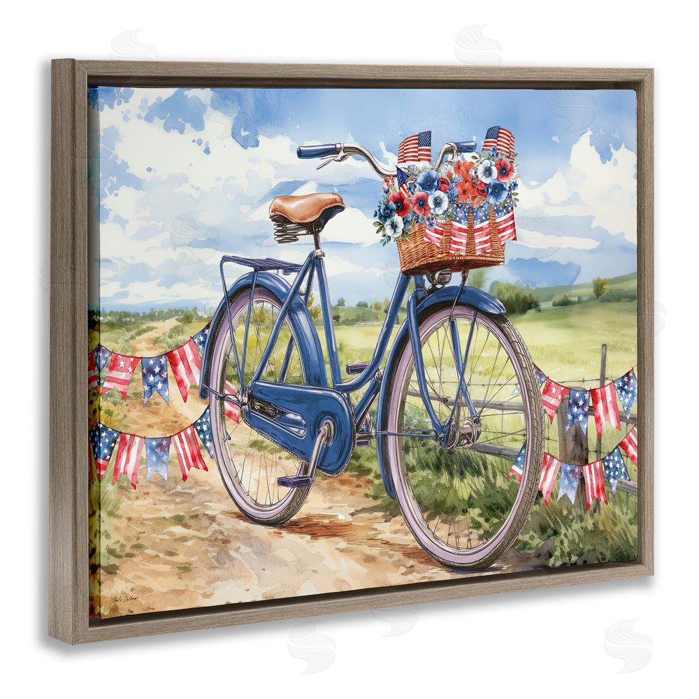 Nicole DeCamp Patriotic Bike & Banners Brown Floating Frame Canvas Wall Art Print