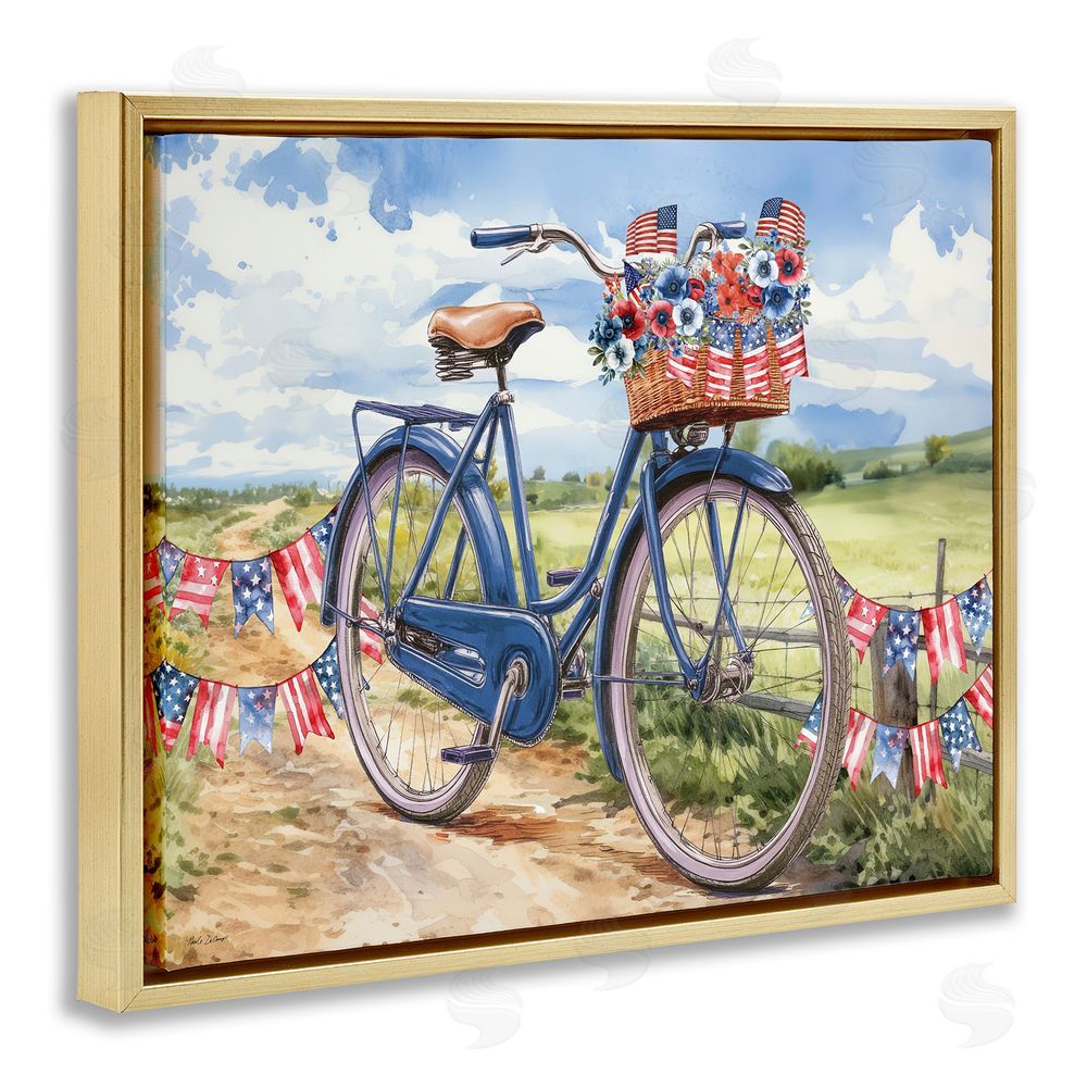 Nicole DeCamp Patriotic Bike & Banners Gold Floating Frame Canvas Wall Art Print