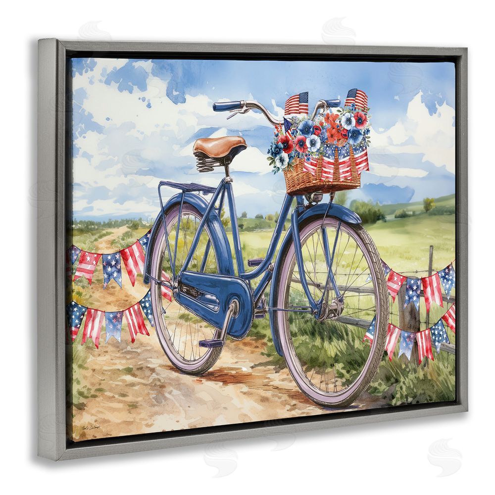 Nicole DeCamp Patriotic Bike & Banners Gray Floating Frame Canvas Wall Art Print