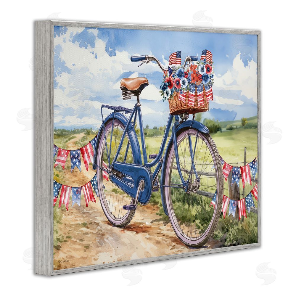Nicole DeCamp Patriotic Bike & Banners Gray Framed Giclee Wall Art Print